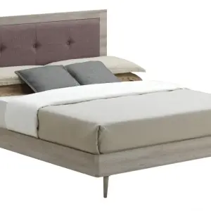 BELVOIR Bed Frame with Grey Oak Effect Frame and Mocca Fabric Headboard