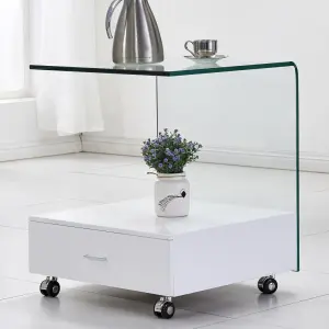 CRESTA White High Gloss Lamp Table with Clear Glass Top and Side
