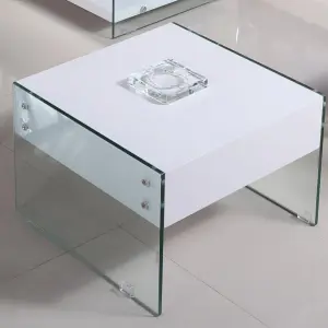 MARCO White High Gloss & Glass Lamp Table with Drawer