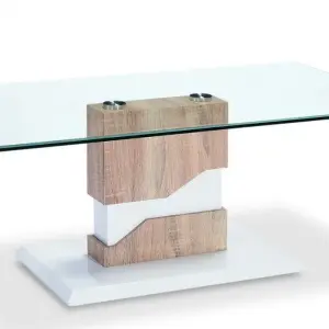 MILTON Clear Glass Coffee Table with White & Natural High Gloss Base