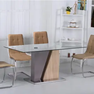 OLIVIA Clear Glass Dining Table with Champagne & Natural Oak Frame