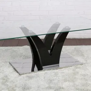 OPAL Clear Glass Coffee Table with Black High Gloss Frame & Stainless Steel Base