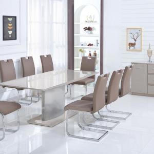 REMBROCK Champagne High Gloss Extending Dining Table with Tempered Glass Top and Stainless Steel Base