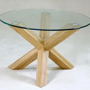 SATURN Round Clear Glass Coffee Table with Solid Oak Frame
