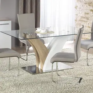 SIMONE Clear Glass Dining Table with White & Natural Oak HG Frame