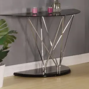 UPLANDS Black Glass Console Table with Chrome and High Gloss Black Base