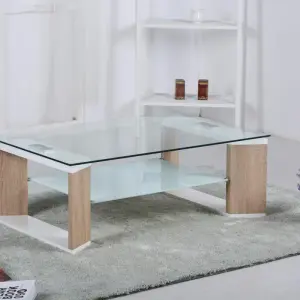 ZOLA Clear Glass Coffee Table with White & Natural HG Legs and Shelf